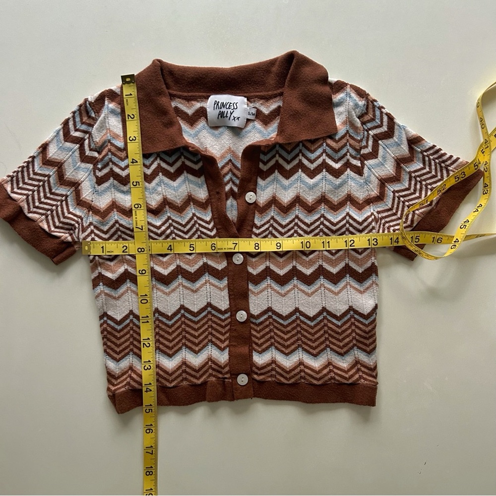 Princess Polly Brown Zigzag Knit Polo Top Cropped Short Sleeve Sweater Size S/M - Picture 6 of 7